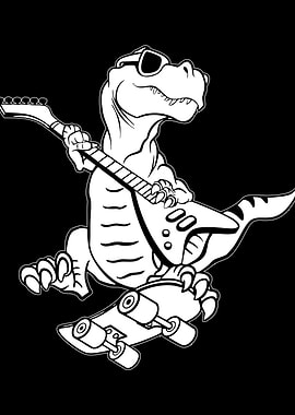 Dinosaur playing guitar on skateboard