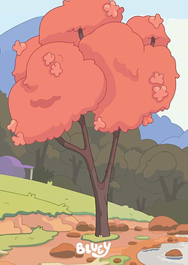 Bluey cartoon landscape with pink tree