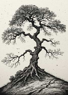 Gnarled Lone Tree - Detailed Pen and Ink Illustration of Ancient Roots and Twisted Branches