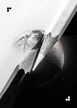 Pencils, Earth, and Moon in Monochrome