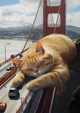 Giant Cat Sleeping on Golden Gate Bridge