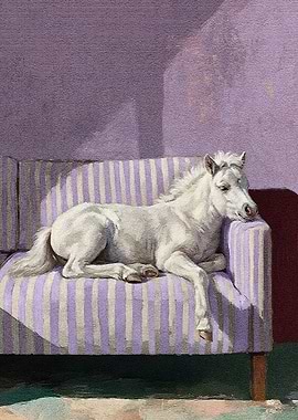 Horse Resting on Striped Purple Couch