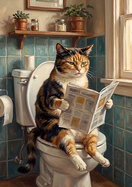 Calico Cat Reading Newspaper on Toilet