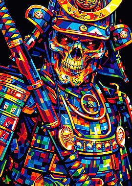 Colorful Samurai Skull Warrior Illustration