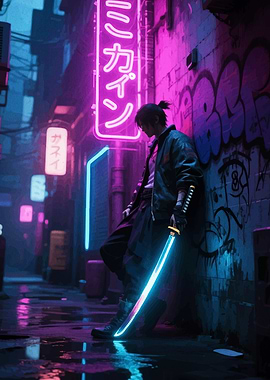 Cyberpunk Samurai in Neon Alley