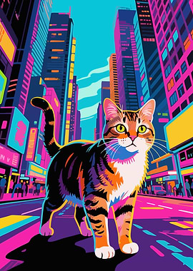Cat in Cityscape Pop Art