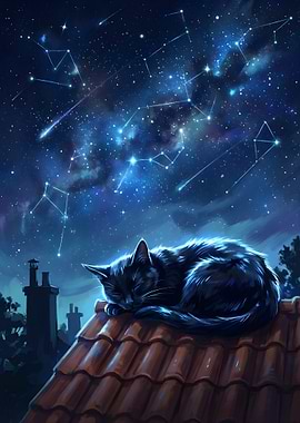 Sleeping Cat Under Starry Night Sky