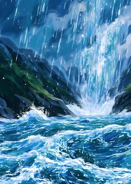 Waterfall and Rain Digital Painting