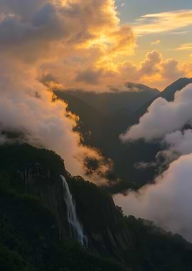 Mountain Waterfall with Clouds at Sunset