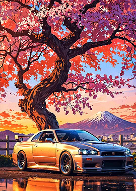 Nissan Skyline with Cherry Blossoms