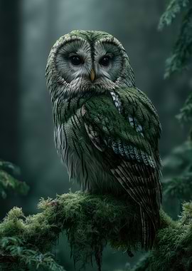 Green Owl Perched on Mossy Branch