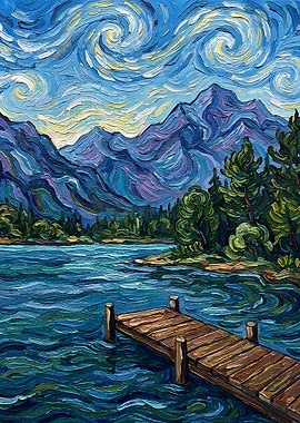 Starry Night Inspired Lake Landscape