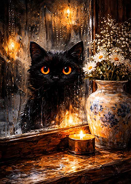 Cute Black Cat Peeking from Rainy Window - Black Cat Impasto Oil Painting Wall Art