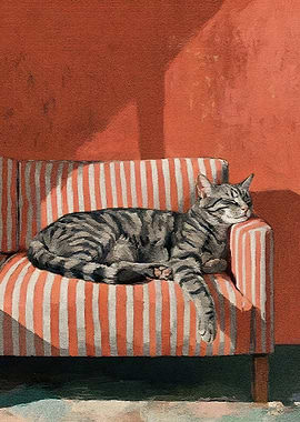 Sleeping Tabby Cat on Striped Couch