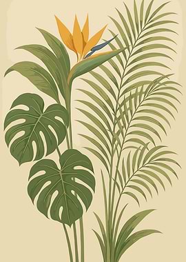 Tropical Plants Illustration with Bird of Paradise