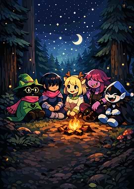 Deltarune characters around a campfire