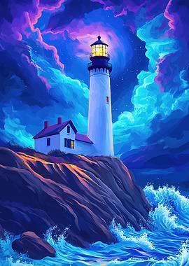 Lighthouse on Cliff at Night