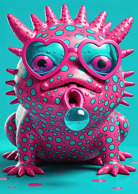 Playful Spotted Puffer — Pink & Teal 3D Pop Creature with Heart Sunglasses