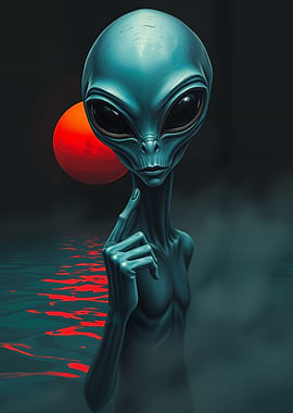 Pensive Alien Portrait with Red Planet Backdrop