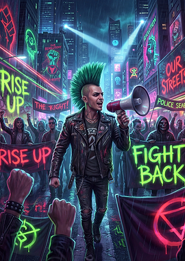 Cyberpunk Protest Rally in Rainy City