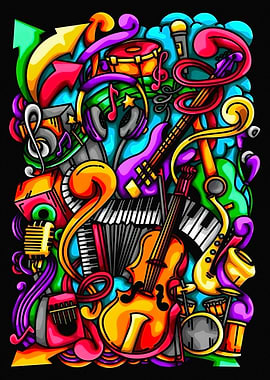 Colorful Musical Instruments Doodle Art