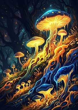 Glowing Mushrooms in a Dark Forest
