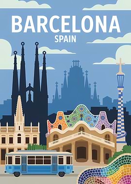 Barcelona Spain Travel Poster Illustration