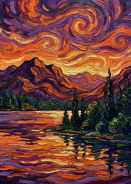 Impressionistic Landscape Painting with Swirling Sky