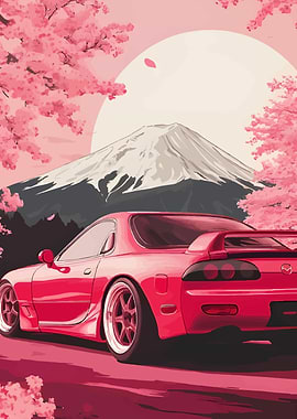 Red Mazda RX-7 with Cherry Blossoms