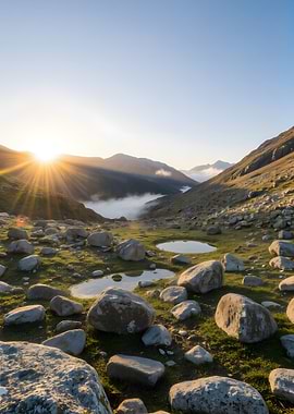 Mountain valley sunrise landscape