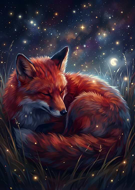 Sleeping Fox Under Starry Night Sky