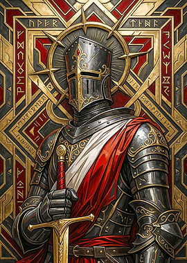 Templar Knight Wall Art – Medieval Crusader Armor Red & Gold Sacred Warrior Decor