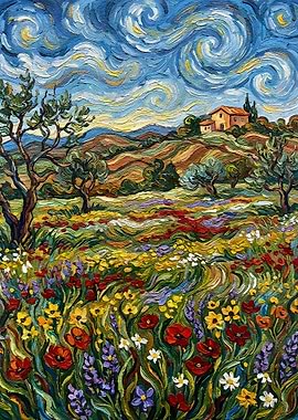 Tuscany Landscape Painting with Flowers