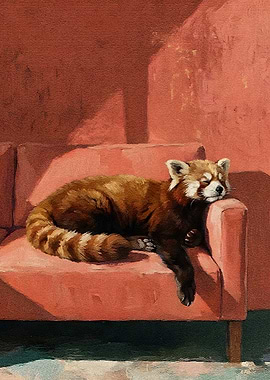 Red Panda Napping on Couch Painting