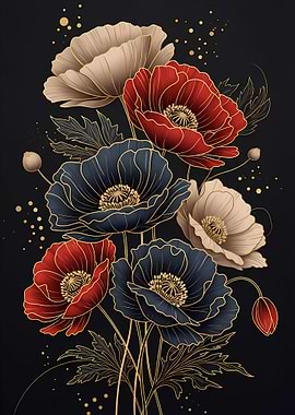 Elegant Poppy Flower Wall Art – Navy Blue & Gold Floral Metal Poster