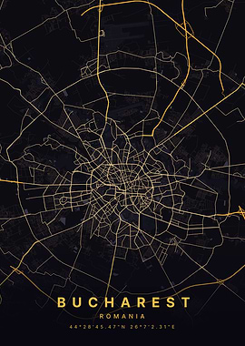 Bucharest Romania Black and Gold Map
