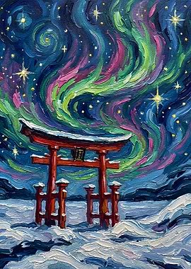 Torii Gate Under Aurora Borealis Painting