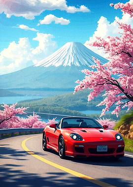 Car, Cherry Blossoms, and Mount Fuji