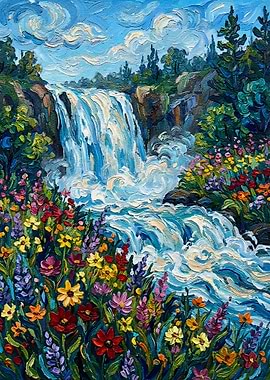 Vibrant Waterfall Landscape Painting