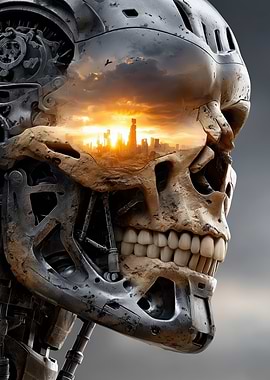 Cyborg Skull with Cityscape Reflection
