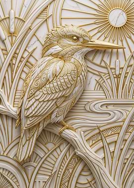 Luxury Gold Kingfisher Wall Art – Art Deco White Marble Bird Elegance