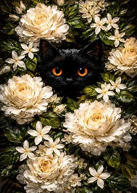 Cute Black Cat Peeking from White Roses - Black Cat Impasto Oil Painting Wall Art