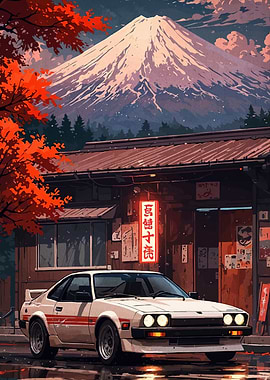 Japanese car with Mount Fuji backdrop