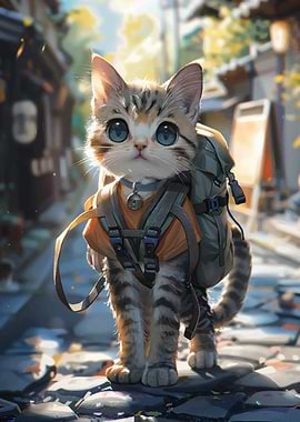 Adventurous Cat with Backpack in Cityscape