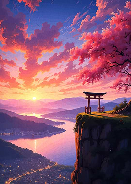 Japanese Landscape with Torii Gate at Sunset