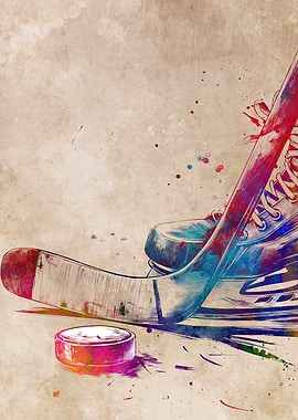 Watercolor Hockey Stick and Puck