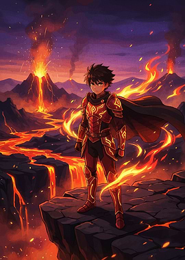 Anime Warrior in Volcanic Landscape