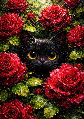 Cute Black Cat Peeking from Red Flowers - Black Cat Impasto Oil Painting Wall Art