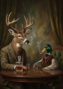 Anthropomorphic Deer and Duck Smoking Cigarettes