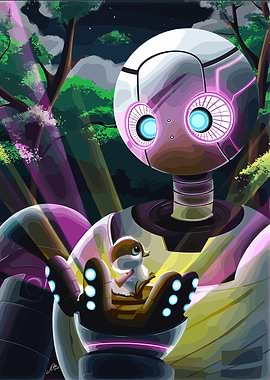 Robot and Bird in Forest Illustration